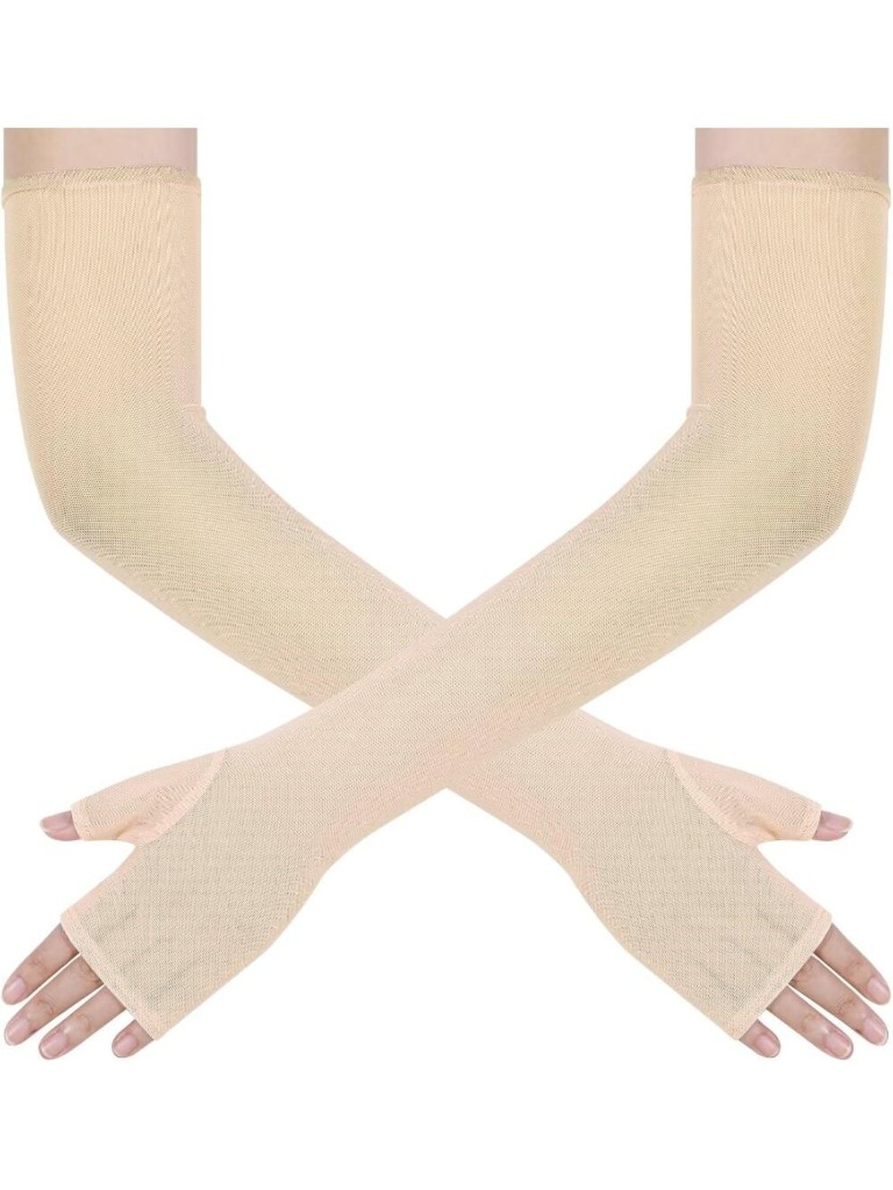 Womens Champagne Elbow Length Tulle Mesh Long Fingerless Opera Party Sheer Glove